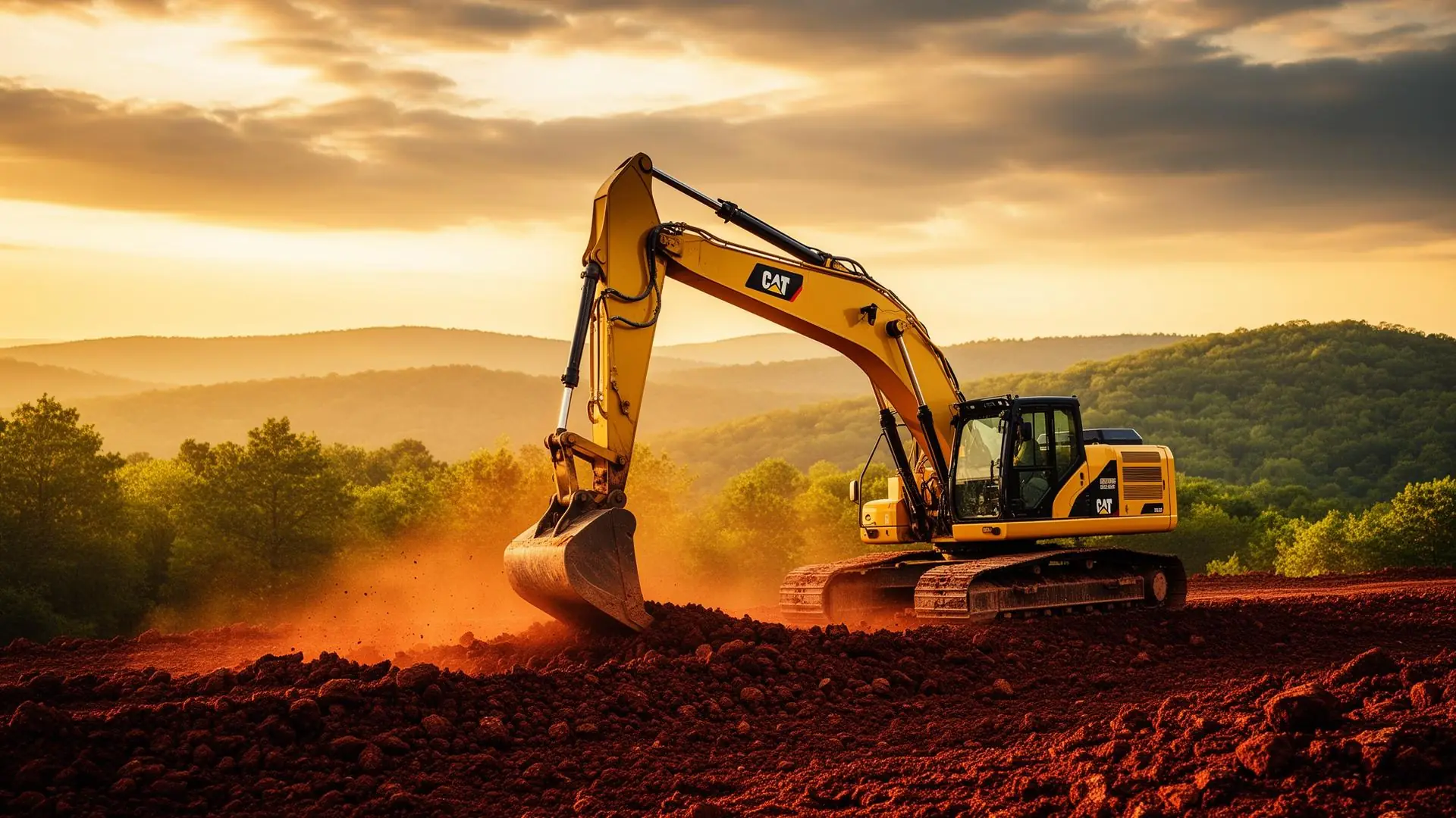 Excavator grading a building pad at golden hour in the Missouri Ozarks